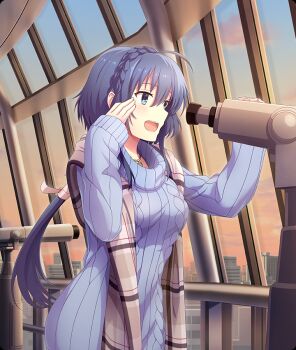1girl :d ahoge aran_sweater blue_eyes blue_hair blue_sky blue_sweater braid breasts brown_scarf cable_knit cityscape cloud crown_braid evening game_cg gradient_sky hair_ribbon hand_on_telescope jewelry large_breasts long_hair long_sleeves low_ponytail necklace official_art open_mouth orange_sky plaid_clothes plaid_scarf ponytail railing ribbon scarf setouchi_chie sideways_mouth sky sleeves_past_wrists smile solo sweater teeth telescope third-party_source toji_no_miko toji_no_miko:_kizamishi_issen_no_tomoshibi upper_teeth_only white_ribbon