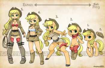 1girl animal_ears applejack arm_up arrow_(symbol) artist_name bandeau belt blonde_hair boots bow braid breasts brown_jacket buckle chaps cleavage clenched_hand clenched_teeth collarbone colored_skin cowboy_hat cowboy_western creature_and_personification cropped_jacket cutie_mark dress english_text evolution female_focus freckles front-tie_top furry furry_female furry_scale green_eyes groin hair_ornament hair_ribbon hand_on_own_hip hat highres hip_tattoo holding holding_unworn_clothes holding_unworn_hat hooves horse horse_ears horse_girl horse_tail jacket large_breasts lasso leaning_forward light_smile long_hair looking_at_viewer low-tied_long_hair my_little_pony my_little_pony:_equestria_girls my_little_pony:_friendship_is_magic navel neckerchief no_panties no_pussy no_socks nude open_clothes open_jacket orange_skin outstretched_arm pencil_skirt personification pony_(animal) progression red_thighhighs ribbon scarf sepia_background shepherd0821 skirt smile smirk solo strapless strapless_dress tail tattoo teeth thighhighs tube_dress unworn_hat unworn_headwear very_long_hair yellow_skin zettai_ryouiki