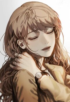 1girl aegyo_sal blackbox_(blackbox9158) brown_coat brown_hair closed_eyes coat hand_up highres long_hair omniscient_reader&#039;s_viewpoint playing_with_own_hair shirt sidelocks solo third-party_source upper_body watch white_shirt wristwatch yoo_sangah