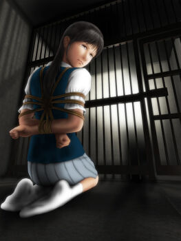 1girl 3d arms_behind_back bdsm black_hair bondage bound box_tie cage female_focus h.s.c_c-cake_world kneeling prison realistic rope school_uniform shibari skirt slave socks solo tears white_socks