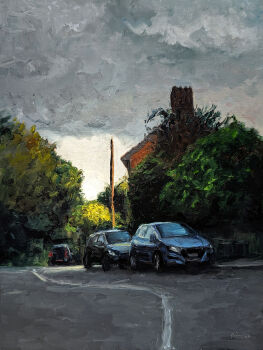 absurdres artist_name building cat commentary english_commentary highres house kznsq no_humans oil_painting_(medium) original overcast painting_(medium) road scenery sky street traditional_media tree