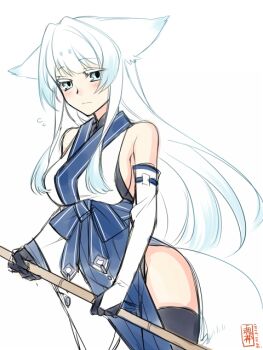Rule 34 | 1girl, animal ears, bare shoulders, black thighhighs, blue eyes, blush, breasts, bridal gauntlets, colored eyelashes, detached sleeves, embarrassed, female focus, flying sweatdrops, fox ears, fox tail, gloves, holding, japanese clothes, konshin, large breasts, long hair, looking at viewer, orie mishiro, original, sideboob, signature, silver hair, simple background, solo, tail, thighhighs, thighs, very long hair, white background
