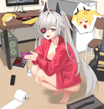 2girls :3 absurdres ahoge anger_vein barefoot blonde_hair breasts bright_pupils broken_wires chicken_dduck clear_(djmax) collarbone commentary computer computer_mouse desk djmax djmax_respect english_commentary eyepatch fail_(djmax) grey_hair guitar hair_between_eyes hair_ornament highres indoors instrument jacket long_hair looking_at_viewer multiple_girls naked_jacket open_clothes open_jacket open_mouth own_hands_together red_eyes red_jacket smile solo_focus speech_bubble spoken_character squatting sweat sweatdrop toilet_paper twintails twitter_username very_long_hair