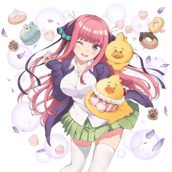 1girl blue_eyes blush breasts cake cleavage collared_shirt donut dot_nose female_focus food go-toubun_no_hanayome green_skirt hair_ornament holding holding_cake holding_food holding_own_hair holding_stuffed_toy large_breasts legs long_hair long_sleeves looking_at_viewer miniskirt nakano_nino official_art one_eye_closed open_mouth pink_hair pleated_skirt purple_petals purple_sweater school_uniform shirt skirt solo solo_focus stuffed_toy sweater teeth thighhighs thighs twintails upper_teeth_only very_long_hair white_shirt white_thighhighs wink zettai_ryouiki