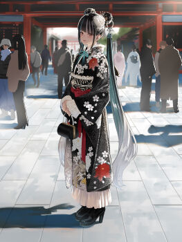 1girl absurdres aqua_hair bag black_bag black_hair black_kimono black_shoes closed_mouth commentary_request double_bun floral_print floral_print_kimono flower full_body gradient_hair grey_hair hair_bun hair_extensions hair_flower hair_ornament handbag harusaruhi high_heels highres holding holding_bag isshiki_(ffmania7) japanese_clothes kamitsubaki_studio kimono long_hair multicolored_hair new_year outdoors print_kimono red_eyes second-party_source shoes shrine smile solo_focus streaked_hair twintails very_long_hair virtual_youtuber white_flower