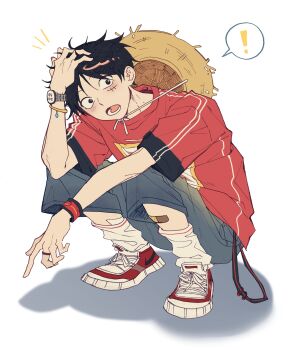 ! 1boy absurdres alternate_costume arm_on_knee bandaid bandaid_on_leg black_eyes black_hair blue_pants blush bracelet commentary_request crew_neck elbow_on_knee facial_scar full_body hand_in_own_hair hat highres jewelry kkong_giii1 korean_commentary looking_to_the_side lower_teeth_only male_focus monkey_d._luffy one_piece open_mouth pants print_shirt red_shirt ring scar scar_on_cheek scar_on_face shirt shoelaces shoes short_hair short_sleeves sideways_glance simple_background sneakers socks solo speech_bubble squatting straw_hat striped_clothes striped_shirt teeth unworn_hat unworn_headwear vertical-striped_clothes vertical-striped_shirt watch white_background white_socks wristband wristwatch