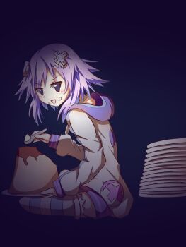 1girl d-pad d-pad_hair_ornament food hair_ornament highres hood hoodie kuromazin19 leggings neptune_(neptunia) neptune_(series) open_mouth parka pudding purple_eyes purple_hair short_hair spoon stocking thighs