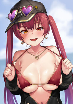 1girl :d areola_slip arou_(arrow_x666) baseball_cap black_hat black_jacket blue_sky breasts cloud covered_erect_nipples earrings eyewear_on_headwear hat heart heart_earrings heart_necklace heterochromia highres hololive houshou_marine houshou_marine_(summer) jacket jewelry large_breasts navel necklace official_alternate_costume open_mouth orange_eyes red_eyes red_hair skindentation sky smile solo twintails virtual_youtuber