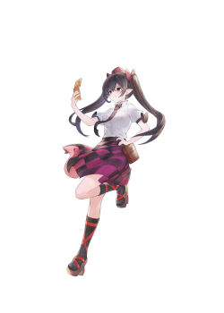 Rule 34 | 1girl, black socks, bow, breasts, brown sandals, camera phone, cellphone, checkered clothes, checkered skirt, closed mouth, collared shirt, commentary request, devilkillerx, flip phone, full body, geta, hair bow, hand on own hip, hat, himekaidou hatate, holding, holding phone, kneehighs, leg up, long hair, medium breasts, necktie, phone, pointy ears, puffy short sleeves, puffy sleeves, purple bow, purple hat, purple skirt, red eyes, sandals, shirt, short sleeves, simple background, skirt, smile, socks, solo, tengu-geta, tokin hat, touhou, twintails, white background, white shirt