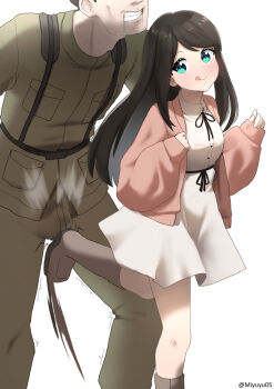 1boy 1girl ball_busting black_hair boots bow bowtie crotch_kick dress green_eyes highres knee_boots long_hair military_uniform minidress miyu5 motion_blur motion_lines oversized_clothes ribbon_tie simple_background sweater tongue tongue_out twitter_username uniform white_background