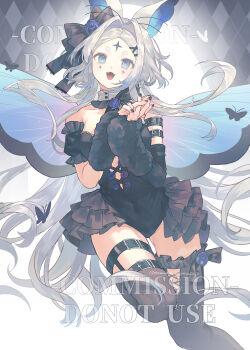 Rule 34 | :3, absurdres, argyle background, arm belt, arm warmers, arthropod girl, belt, black arm warmers, black belt, black bow, black leotard, black sleeves, blue bow, blue eyes, blue flower, blue rose, blue wings, bow, breasts, brooch, bug, butterfly, butterfly girl, butterfly wings, collar, covered navel, cross-laced clothes, cross-laced leotard, detached sleeves, facial mark, fairy, fang, flower, flower brooch, foot out of frame, forehead, forehead mark, frilled collar, frilled leotard, frilled sleeves, frilled thighhighs, frills, fur arm warmers, garter straps, gradient wings, hair bow, hair flower, hair intakes, hair ornament, highres, insect, insect wings, jewelry, lace, lace-trimmed thighhighs, lace trim, leotard, long hair, looking at viewer, mark under both eyes, medium breasts, multicolored wings, open mouth, original, pearl trim, pink wings, rose, short eyebrows, star (symbol), star facial mark, strapless, strapless leotard, tacfigure, thick eyebrows, thigh belt, thigh strap, thighhighs, very long hair, watermark, white background, white hair, wings