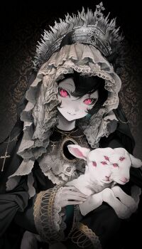 1girl animal artist_name baby_animal black_hair cross extra_eyes hair_between_eyes highres holding holding_animal lamb long_sleeves looking_at_viewer mazamuno multiple_heads nail_polish original parted_lips pink_eyes sheep smile solo upper_body veil white_nails