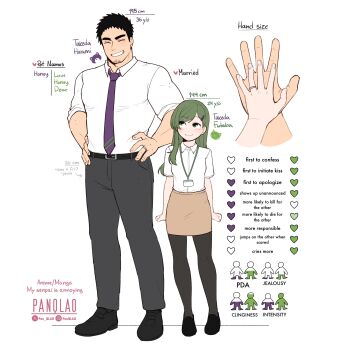 1boy 1girl absurdres age_difference arrow_(symbol) black_pantyhose black_shoes blush brown_skirt commentary couple english_commentary english_text facial_hair flat_chest full_body goatee goatee_stubble green_eyes green_hair grin hair_ornament hairclip height_difference highres husband_and_wife igarashi_futaba jewelry lanyard long_hair looking_at_another measurements necktie office_lady panqlao pantyhose pencil_skirt purple_necktie reference_sheet ring salaryman senpai_ga_uzai_kouhai_no_hanashi shirt shoes skirt sleeves_rolled_up smile stubble swept_bangs takeda_harumi tall_male thick_eyebrows wedding_ring when_you_see_it white_shirt