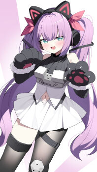 Rule 34 | 1girl, :3, :d, absurdres, animal ear headphones, animal ears, animal hands, artist request, asymmetrical legwear, bare shoulders, black gloves, black thighhighs, blush, breasts, chinese commentary, commentary request, detached sleeves, dress, fake animal ears, gloves, green eyes, hair ribbon, hands up, headphones, highres, knee pads, long hair, looking at viewer, navel, official alternate costume, open mouth, original, paw gloves, paw pose, pink ribbon, pleated skirt, purple hair, ribbon, second-party source, shirt, single thighhigh, skirt, sleeveless, sleeveless shirt, small breasts, smile, solo, thigh strap, thighhighs, twintails, very long hair, virtual youtuber, white dress, white shirt, white skirt, wulala (vtuber)