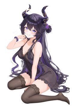 1girl absurdres bare_arms bare_shoulders between_legs bibixart black_hair black_nightgown breasts brown_thighhighs cleavage flower frilled_nightgown grin hair_between_eyes hair_bun hair_flower hair_ornament hand_between_legs hand_up highres horns indie_virtual_youtuber long_hair looking_at_viewer medium_breasts nightgown no_shoes purple_eyes purple_hair scrunchie simple_background sitting smile solo spaghetti_strap thighhighs unjaded_(vtuber) very_long_hair virtual_youtuber wariza white_background wrist_scrunchie zettai_ryouiki