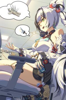 1girl absurdres bare_shoulders black_gloves black_hair black_shoes braid chair china_dress chinese_clothes commentary_request detached_sleeves dialyn_(zenless_zone_zero) dress gloves hand_up highres indoors kneeling long_hair long_sleeves looking_to_the_side multicolored_hair multicolored_nails on_chair open_mouth partially_fingerless_gloves shoes single_glove smile solo split-color_hair spoken_object teeth thighhighs two-tone_hair upper_teeth_only very_long_hair white_dress white_hair white_thighhighs yan000 yellow_eyes zenless_zone_zero