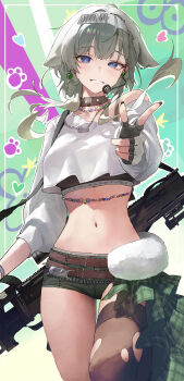 1girl absurdres blue_eyes brown_thighhighs commentary dated_commentary earrings fingerless_gloves gloves goddess_of_victory:_nikke green_background green_shorts grey_gloves gun headset highres jewelry looking_at_viewer mac_star medium_hair midriff navel prika_(nikke) shirt short_shorts shorts single_thighhigh solo thighhighs thighs torn_clothes torn_thighhighs weapon white_shirt