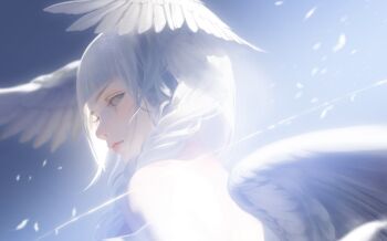 1girl aqua_eyes bani-lizo bare_shoulders closed_mouth commentary_request expressionless feathered_wings feathers head_wings highres looking_at_viewer looking_back original overexposure portrait solo white_hair wings