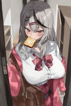 1girl bag black_choker black_hair black_streaks bow bowtie bread bread_slice breasts choker collared_shirt diagonal-striped_bow food food_in_mouth grey_hair gyaru hair_between_eyes hair_ornament hairclip heart heart_choker highres hololive large_breasts long_hair looking_at_viewer mouth_hold multicolored_hair nekoshima_kaede o-ring o-ring_choker off_shoulder open_door pink_sweater plaid_clothes plaid_skirt pleated_skirt red_bow red_eyes red_skirt sakamata_chloe school_bag school_uniform shirt skirt solo streaked_hair striped_bow sweater toast toast_in_mouth virtual_youtuber white_shirt x_hair_ornament