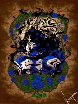 1girl absurdres barbara_(dq6) barbara_(yakusoku_no_neverland) blue_dress blue_flower blue_rose dress flower frilled_dress frills hair_flower hair_ornament highres keenesleyar long_hair long_sleeves plant puffy_sleeves rose shadows_house signature solo thorns vines wavy_hair