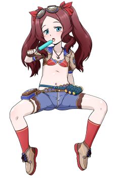 1girl absurdres blue_eyes brown_hair bullet commission commissioner_upload delta_r9 eating fate/grand_order fate_(series) food goggles highres ice_cream leonardo_da_vinci_(fate) leonardo_da_vinci_(fate/grand_order) leonardo_da_vinci_(rider)_(fate) leonardo_da_vinci_(swimsuit_ruler)_(fate) loli looking_at_viewer navel popsicle red_ribbon red_socks ribbon shorts shrug_(clothing) socks solo swimsuit swimsuit_under_clothes tongue tongue_out twintails