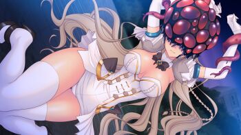 1girl arms_up blonde_hair bow braid breasts cleavage covered_eyes dress dutch_angle elbow_gloves game_cg genseishinki_sacred_virth gloves hair_over_eyes kneeling large_breasts large_variant_set long_hair magical_girl monster non-web_source official_art panties restrained sacred_claire solo tentacles thighhighs tierna_aeride_throne underwear variant_set very_long_hair white_gloves white_panties white_thighhighs yuugure_pairo