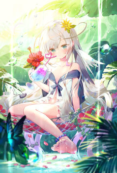 Rule 34 | 1girl, anklet, arm support, awae iroha, bare legs, bare shoulders, barefoot, bloom, blurry, blurry background, blurry foreground, blush, bow, breasts, bug, butterfly, chair, closed mouth, collarbone, commentary, crazy straw, cup, day, dot mouth, dot nose, dress, dress ribbon, drinking glass, drinking straw, expressionless, eyes visible through hair, feet, feet on chair, flower, full body, green bow, green eyes, green ribbon, hair bow, hair flower, hair ornament, hammock, heart straw, hibiscus, highres, holding, holding cup, hurricane glass, ibara riato, insect, jewelry, liver city, long hair, looking at viewer, navel, off-shoulder dress, off shoulder, open clothes, open dress, outdoors, parted bangs, petals, petals on liquid, plant, pond, ribbon, second-party source, short dress, side part, sitting, small breasts, soles, solo, tropical drink, untranslatable commentary, very long hair, virtual youtuber, water drop, wet, white dress, white hair