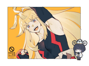 1boy 1girl :d agenasumiso51 arm_up black_gloves blonde_hair blunt_bangs check_commentary chibi chibi_inset clenched_hand colored_eyelashes commentary commentary_request fingerless_gloves gloves grey_eyes gwynn_(pokemon) highres ivor_(pokemon) long_hair looking_at_viewer male_focus mole mole_under_eye nintendo open_mouth pokemon pokemon_legends:_z-a sidelocks smile solo_focus teeth toned toned_male twitter_username upper_body upper_teeth_only v-shaped_eyebrows watermark