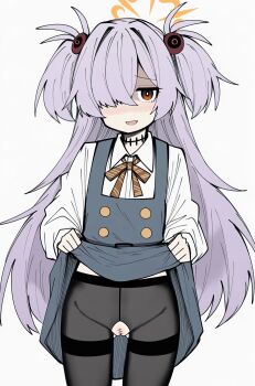 1girl bar_censor black_pantyhose blue_archive blush censored clothes_lift clothing_cutout collared_shirt cowboy_shot dress dress_lift embarrassed grey_background grey_dress hair_bobbles hair_ornament hair_over_one_eye halo highres kanoe_(blue_archive) lifting_own_clothes loli long_hair looking_at_viewer makigirisu nose_blush one_eye_covered open_mouth pantyhose pinafore_dress purple_hair pussy pussy_cutout red_eyes shirt simple_background sleeveless sleeveless_dress solo standing white_shirt yellow_halo