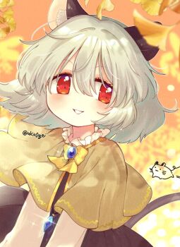 1girl animal_ears biyon black_dress blush bow bowtie brown_capelet capelet commentary dress grin hair_between_eyes jewelry long_sleeves looking_at_viewer mouse_ears mouse_girl nazrin necklace red_eyes smile solo touhou upper_body yellow_bow yellow_bowtie