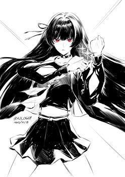 1girl arm_cutout chisa_(wuthering_waves) choker closed_mouth clothing_cutout collarbone commentary crop_top dated english_commentary hair_ribbon hand_up highres long_hair red_eyes rh_og69 ribbon sailor_collar shirt skirt solo spot_color twitter_username wuthering_waves