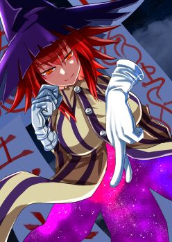 Rule 34 | 1girl, :>, artist request, breasts, brown eyes, brown hair, buttons, dutch angle, floating, gloves, hat, houshin engi, kinkouseiba, large breasts, looking at viewer, medium hair, monster girl, robe, simple background, smile, solo, spiked hair, striped clothes, witch hat