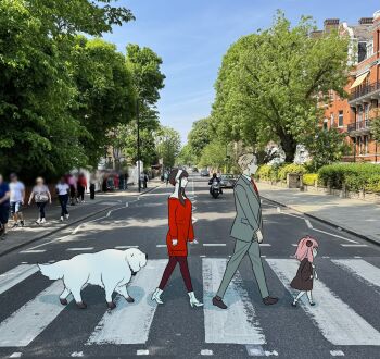 Rule 34 | 6+boys, 6+girls, abbey road, anya (spy x family), blue sky, bond (spy x family), car, crosswalk, day, dog, endou tatsuya, father and daughter, highres, husband and wife, mother and daughter, motor vehicle, motorcycle, multiple boys, multiple girls, parody, real life, road, sidewalk, sky, spy x family, street, the beatles, tree, twilight (spy x family), walking, yor briar