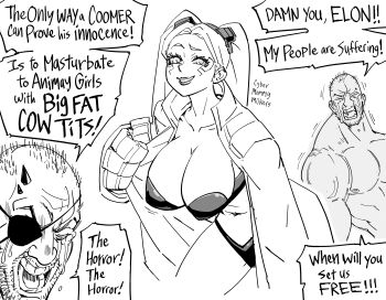 Rule 34 | 1girl, 2boys, absurdres, alternate breast size, asymmetrical arms, bb (baalbuddy), breasts, cleavage, coomer (meme), cosplay, cyberpunk (series), cyberpunk: edgerunners, english text, eyepatch, greyscale, highres, large breasts, meme, metal gear (series), metal gear solid, metal gear solid v: the phantom pain, monochrome, multiple boys, muscular, muscular male, navel, original, rebecca (cyberpunk), simple background, speech bubble, stomach, venom snake, venom snake (cosplay), white background