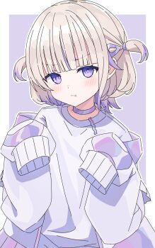 1girl :t absurdres blonde_hair blue_background blush border choker closed_mouth commentary_request dot_nose hands_up highres hololive hololive_dev_is kaie long_sleeves looking_at_viewer outline outside_border purple_choker purple_eyes purple_shirt shirt short_hair simple_background sleeves_past_fingers sleeves_past_wrists solo todoroki_hajime two_side_up upper_body virtual_youtuber white_border white_outline