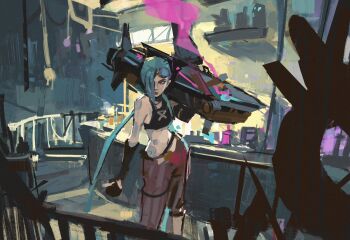 1girl arcane:_league_of_legends arcane_jinx arm_tattoo blue_hair ethan_lee goggles goggles_on_head highres holding holding_rocket_launcher holding_weapon jinx_(league_of_legends) league_of_legends long_hair over_shoulder painterly pants purple_eyes rocket_launcher solo standing stomach_tattoo striped_clothes striped_pants tattoo weapon weapon_over_shoulder