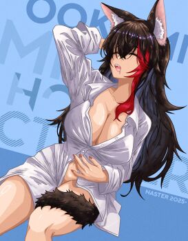 Rule 34 | 1girl, animal ears, arm up, black hair, breasts, cleavage, closed mouth, dress shirt, drooling, highres, hololive, laevatein (touhou), long hair, multicolored hair, naked shirt, nasterro, ookami mio, open mouth, red hair, shirt, sleeping, solo, streaked hair, tail, virtual youtuber, wolf ears, wolf tail