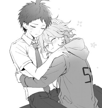 Rule 34 | absurdres, ahoge, annoyed, blush, breast pocket, closed eyes, collared shirt, commentary request, danganronpa (series), danganronpa 2: goodbye despair, greyscale, hand on another's back, hand on another's head, hand on another's shoulder, happy, highres, hinata hajime, hood, hood down, hooded jacket, hug, jacket, komaeda nagito, korean commentary, male focus, messy hair, monochrome, necktie, pants, pocket, shirt, short hair, short sleeves, simple background, sitting, sitting on lap, sitting on person, smile, sslloowwll, white background, yaoi