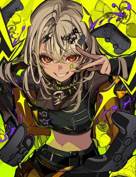 1girl belt black_belt black_jacket black_nails black_shirt blonde_hair breasts brown_shirt commentary controller crossed_bangs dark-skinned_female dark_skin english_commentary fingernails game_controller grin highres jacket kaminari_qpi kaminari_qpi_(5th_costume) long_bangs long_hair looking_at_viewer medium_breasts midriff mixed-language_commentary navel official_alternate_costume orange_eyes pokimari shirt skirt smile solo v v_over_eye virtual_youtuber vspo! yellow_background