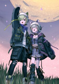 1boy 1girl animal_ear_helmet animal_ears animal_helmet arm_belt arm_up belt belt_buckle black_belt black_collar black_jacket black_leg_warmers black_leggings black_shorts black_straps blonde_hair blue_hood blunt_bangs blush boots buckle cat_ears closed_eyes clothes_writing collar colored_inner_hair crop_top cross-laced_clothes cross-laced_top drawstring fake_animal_ears fangs from_below full_body full_moon glass green_eyes grey_hair hair_ornament hair_over_one_eye hairclip hashtag-only_commentary heart heart_sticker helmet highres hood hood_down hoodie jacket jewelry lace-up_boots lapels leg_belt leg_tattoo leg_warmers leggings looking_up loose_belt makaino_ririmu makaino_ririmu_(6th_costume) midriff miniskirt moon multicolored_hair multiple_belts navel necklace night nijisanji notched_lapels o-ring o-ring_collar o-ring_thigh_strap open_belt open_clothes open_jacket open_mouth pendant pink_belt pink_hair pink_jacket pink_shoes pink_skirt pink_streaks plaid_clothes plaid_skirt pocket pointy_ears print_hoodie rabbit_ears shoelaces shoes short_hair shorts side-by-side skirt sky sleeves_past_fingers sleeves_past_wrists smile space_helmet sparkle spiked_collar spikes standing star_(symbol) star_sticker sticker streaked_hair studded_belt tattoo thigh_strap torn_clothes torn_leggings two-sided_fabric two-sided_jacket two-tone_hair unbuttoned unzipped upturned_eyes uzuki_kou uzuki_kou_(5th_costume) virtual_youtuber wallet_chain white_boots white_helmet white_hoodie winged_heart winged_heart_tattoo wolf_cut yellow_belt yellow_trim yue_100 zipper