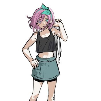 1girl :p alternate_hair_length alternate_hairstyle aqua_hairband aubrey_(faraway)_(omori) aubrey_(omori) bare_arms bare_shoulders bike_shorts bike_shorts_under_skirt black_tank_top blue_eyes blue_skirt bow_hairband breasts bu3hgg buttons closed_mouth commentary_request denim denim_skirt feet_out_of_frame frown hair_between_eyes hairband hand_on_own_hip hand_up highres holding holding_towel korean_commentary midriff miniskirt no_pupils omori pink_hair short_hair sidelocks sideways_glance simple_background skirt small_breasts solo standing tank_top tongue tongue_out towel white_background wind