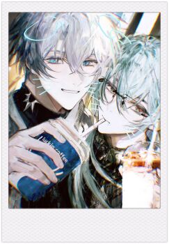 Rule 34 | 2boys, alternate costume, anaxa (honkai: star rail), bespectacled, blue eyes, blue hair, commentary, crossed bangs, cup, disposable cup, double-parted bangs, drawn ears, drinking straw, drinking straw in mouth, glasses, highres, holding, holding cup, honkai: star rail, honkai (series), kjbb782723, looking at viewer, looking to the side, male focus, multiple boys, phainon (honkai: star rail), polaroid photo, sideways glance, smile, untranslatable commentary, upper body, white hair