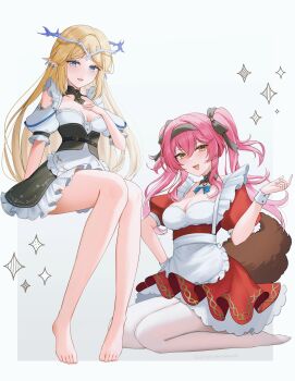 2girls absurdres alternate_costume apron black_bow black_dress black_hairband blonde_hair blue_eyes blush bow breasts cartethyia_(wuthering_waves) cleavage commentary crown_of_thorns dress earrings enmaided grey_background hair_between_eyes hair_bow hairband hand_on_own_chest hand_up highres invisible_chair jewelry long_hair looking_at_viewer lupa_(wuthering_waves) maid medium_breasts multiple_earrings multiple_girls multiple_hair_bows open_mouth parted_bangs pink_hair pointy_ears red_dress red_pupils sidelocks sinonomemikann sitting smile tacet_mark_(wuthering_waves) tail twintails twitter_username very_long_hair wariza wolf_tail wuthering_waves yellow_eyes