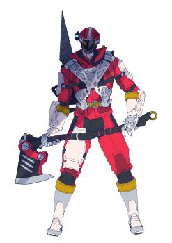 1boy absurdres armor armored_boots axe black_pants boots breathing_tube catball1994 drill fire_axe firefighter flashlight gloves go_red harness highres holding holding_weapon jacket kyuukyuu_sentai_gogofive leg_armor male_focus pants power_rangers power_rangers_lightspeed_rescue red_armor red_jacket red_lightspeed_ranger redesign super_sentai tokusatsu weapon white_background white_boots white_gloves
