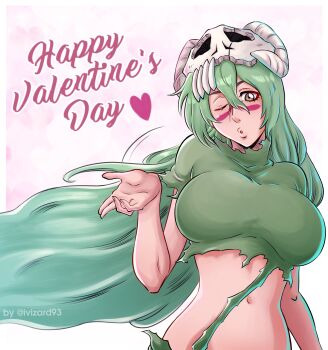 Rule 34 | 1girl, bleach, blowing kiss, breasts, english text, espada, facial mark, female focus, green hair, happy valentine, heart, hollow mask, ivizard art93, large breasts, long hair, looking at viewer, mask, mask on head, midriff, navel, nelliel tu odelschwanck, scar, scar on face, simple background, skull on head, stomach, white background