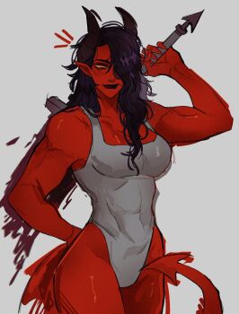 1girl black_hair demon_girl demon_horns demon_tail dispatch greatsword highres holding holding_sword holding_weapon horns knightaout leotard long_hair malevola_(dispatch) pointy_ears red_skirt simple_background skirt solo sword tail weapon white_background white_leotard yellow_eyes