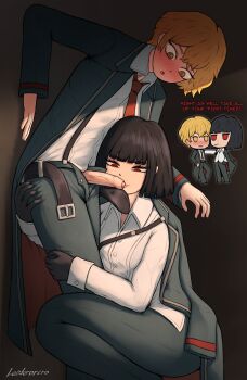 1boy 1girl artist_name belt black_gloves black_hair black_jacket blonde_hair blush bob_cut chibi cigarette closed_mouth collared_shirt commentary commission english_commentary english_text erection foreskin gloves hetero highres jacket jacket_on_shoulders leoderorero limbus_company long_sleeves looking_at_penis necktie open_fly open_mouth pants penis phimosis precum project_moon red_eyes red_necktie ringed_eyes ryoshu_(project_moon) shirt short_hair sinclair_(project_moon) smile smoking suspenders uncensored veins veiny_penis white_shirt yellow_eyes