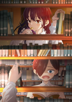 1boy 1girl 2koma :o absurdres black_hair blackwhite_wind blue_eyes blurry boku_no_kokoro_no_yabai_yatsu book bookshelf bookshelf_pov brown_eyes collared_shirt comic commentary_request day depth_of_field dress eating food hair_over_one_eye hands_up highres holding holding_book holding_food ichikawa_kyoutarou indoors library long_hair long_sleeves open_book school_uniform shirt sweat white_shirt yamada_anna