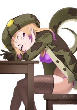 1girl absurdres african_rock_python_(kemono_friends) bikini black_gloves black_thighhighs blonde_hair blush breasts chair commentary_request from_side gloves gradient_hair grin highres hood hood_up hooded_jacket hoodie jacket kemono_friends leaning_forward long_sleeves looking_at_viewer masuyama_ryou medium_breasts multicolored_hair navel open_clothes open_jacket pink_bikini pink_hair print_jacket purple_eyes simple_background sitting smile snake_girl snake_hood snake_print snake_tail solo sweat swimsuit table tail thighhighs v white_background
