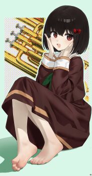 Rule 34 | 1girl, absurdres, barefoot, black hair, bow, brown serafuku, brown shirt, brown skirt, commentary request, euphonium, feet, hair bow, hands on own cheeks, hands on own face, hibike! euphonium, highres, hisaishi kanade, instrument, kitauji high school uniform, long sleeves, looking at viewer, open mouth, outline, red bow, red eyes, school uniform, serafuku, shirt, short hair, simple background, skirt, smile, soles, solo, songchuan li, toes, white background, white outline